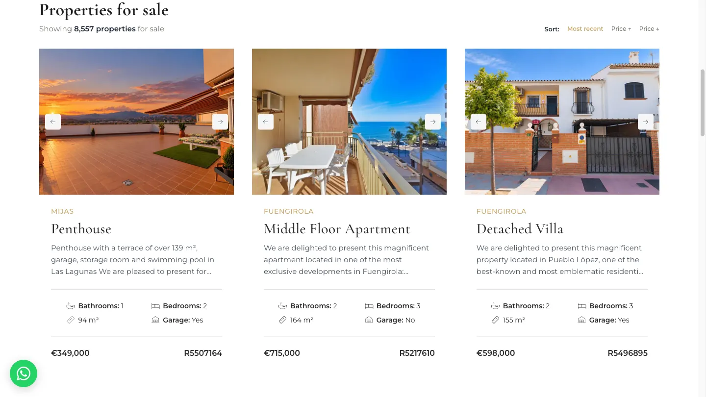 Listado de propiedades en venta con fotos grandes, precio, dormitorios y baños