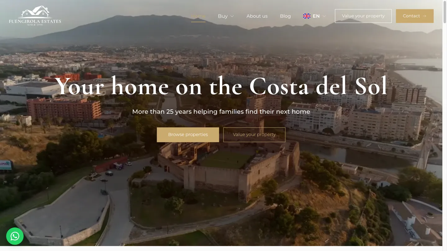 Nueva página de inicio de Fuengirola Estates: vídeo aéreo de Fuengirola con el titular Your home on the Costa del Sol