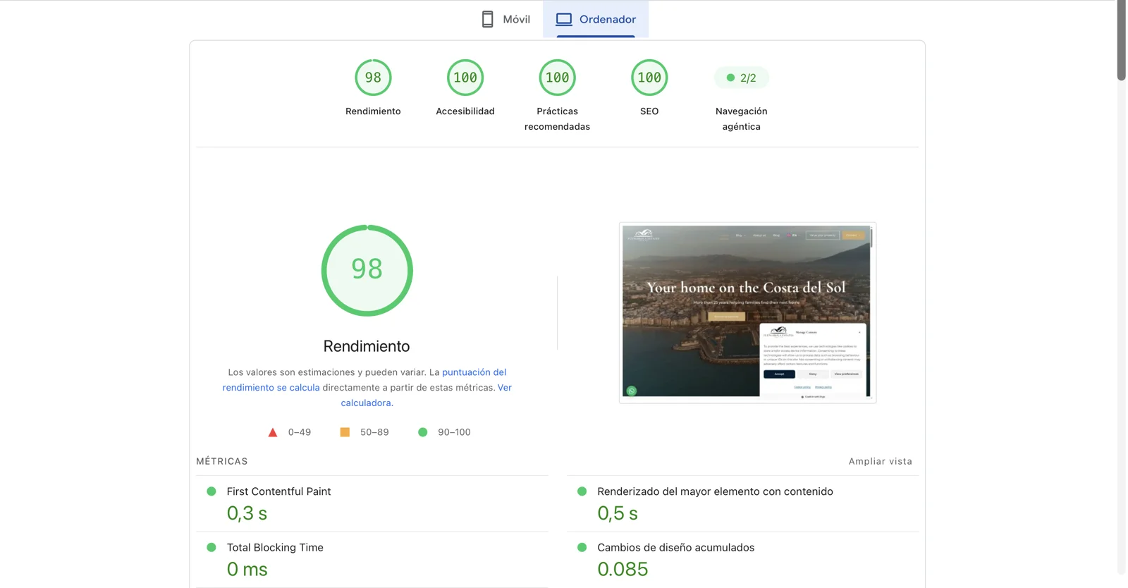PageSpeed Insights en ordenador: Rendimiento 98 y 100 en Accesibilidad, Prácticas recomendadas y SEO