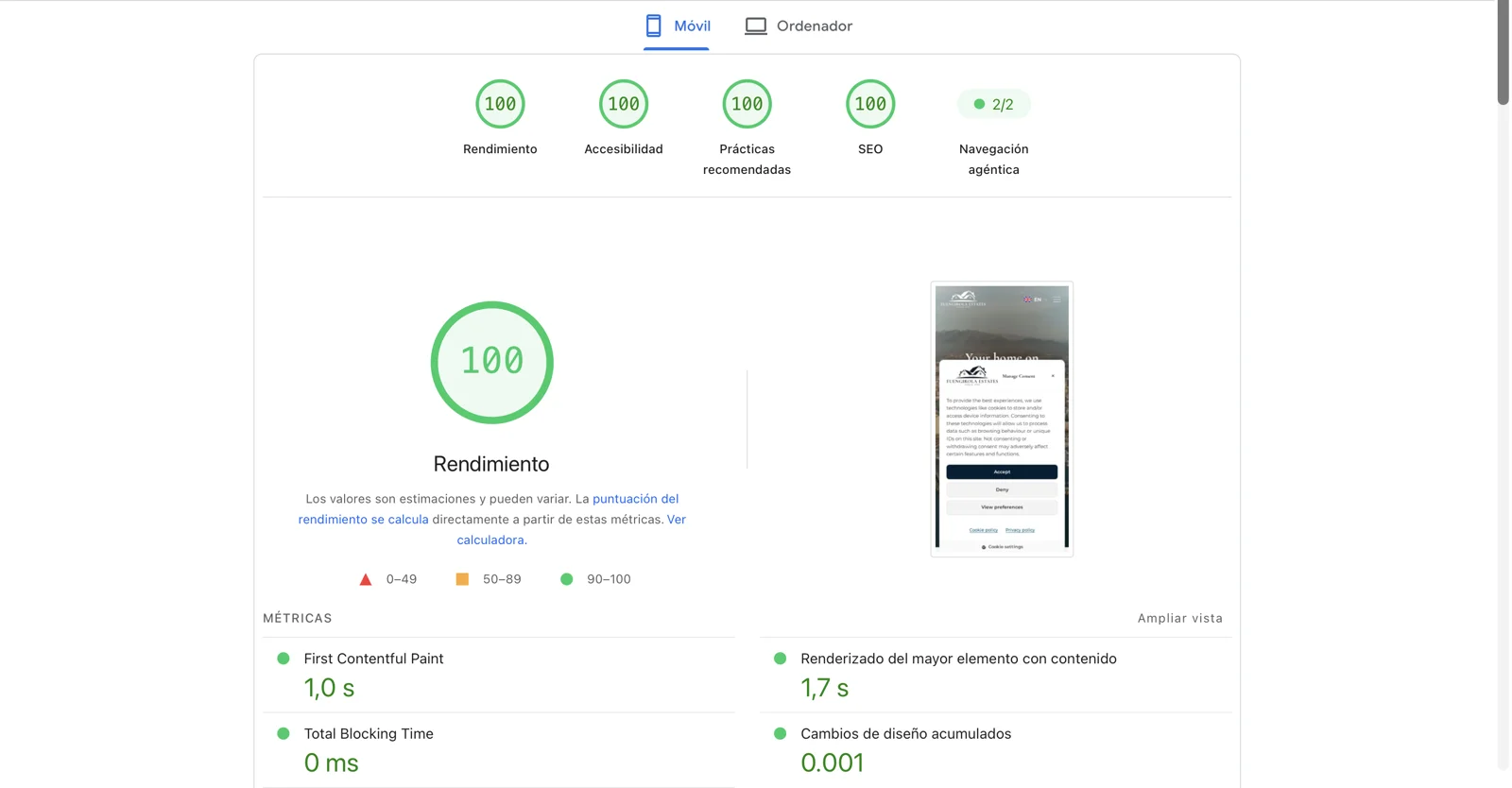 PageSpeed Insights en móvil: 100 en Rendimiento, Accesibilidad, Prácticas recomendadas y SEO